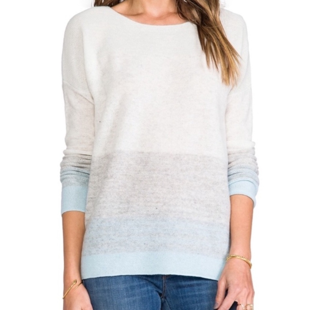 Vince Degrade Stripe Cashmere Pullover Sweater Cream Gray Blue Stripe Sz Small